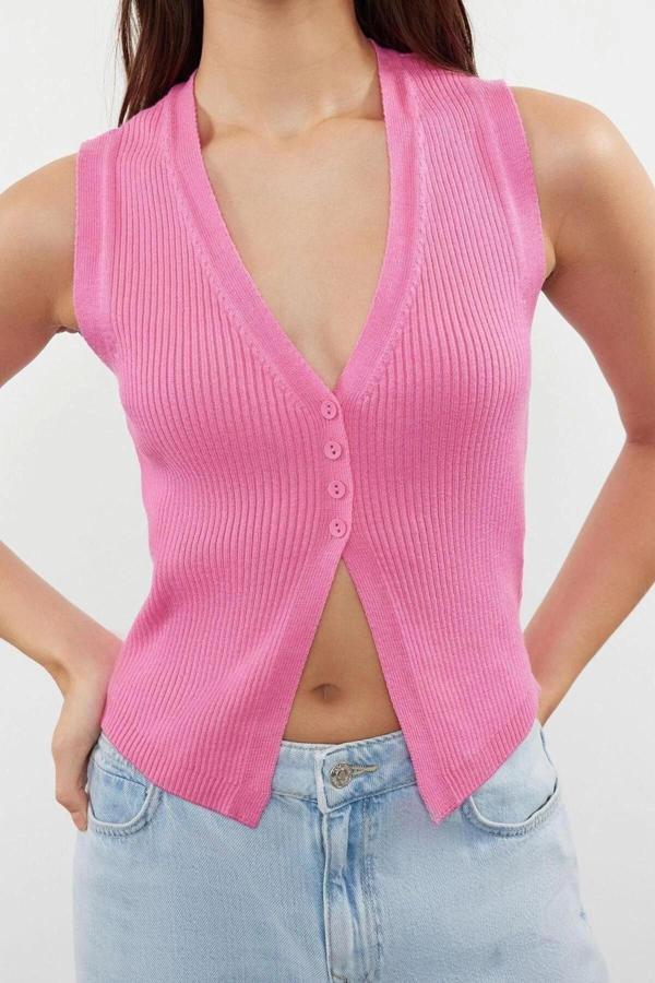 Moda V Yaka Triko Slim Düz Desen Casual Günlük Crop Kolsuz Bluz - Image 1