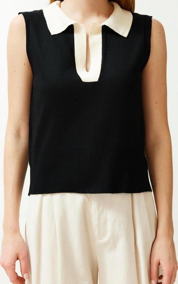 Moda Polo Yaka Triko Regular Renk Bloklu Desen Casual Günlük Regular Kolsuz Bluz - Image 1