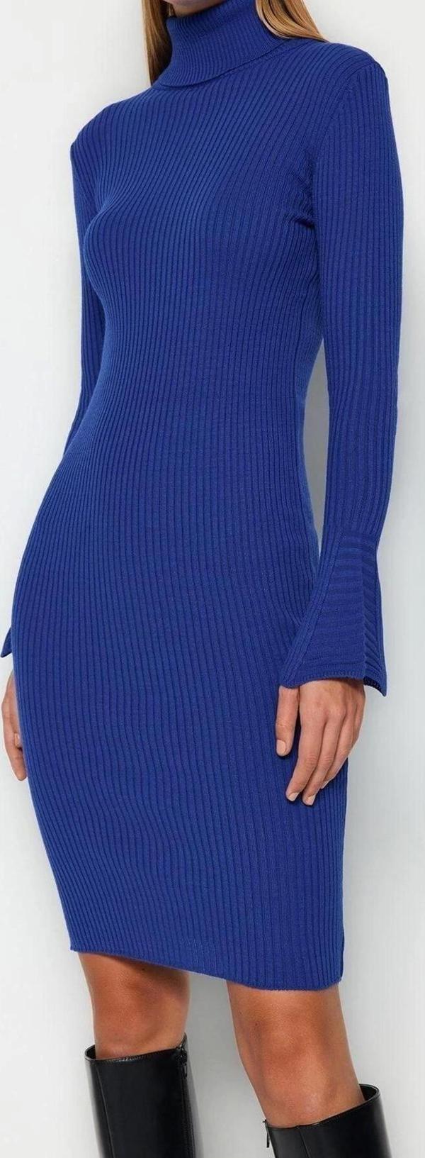 Moda Slim Casual Günlük Fitilli Triko Balıkçı Yaka Uzun Kol Bodycone Mini Boy Elbise - Image 1