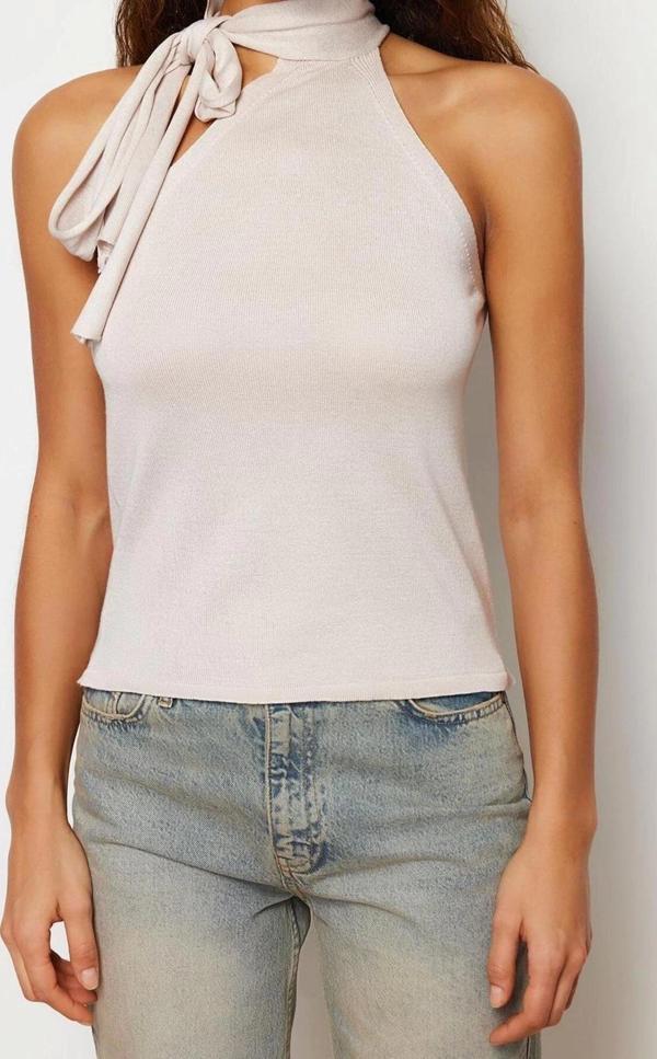 Moda Boyundan Bağlamalı Triko Regular Düz Desen Casual Günlük Regular Kolsuz Bluz - Image 1