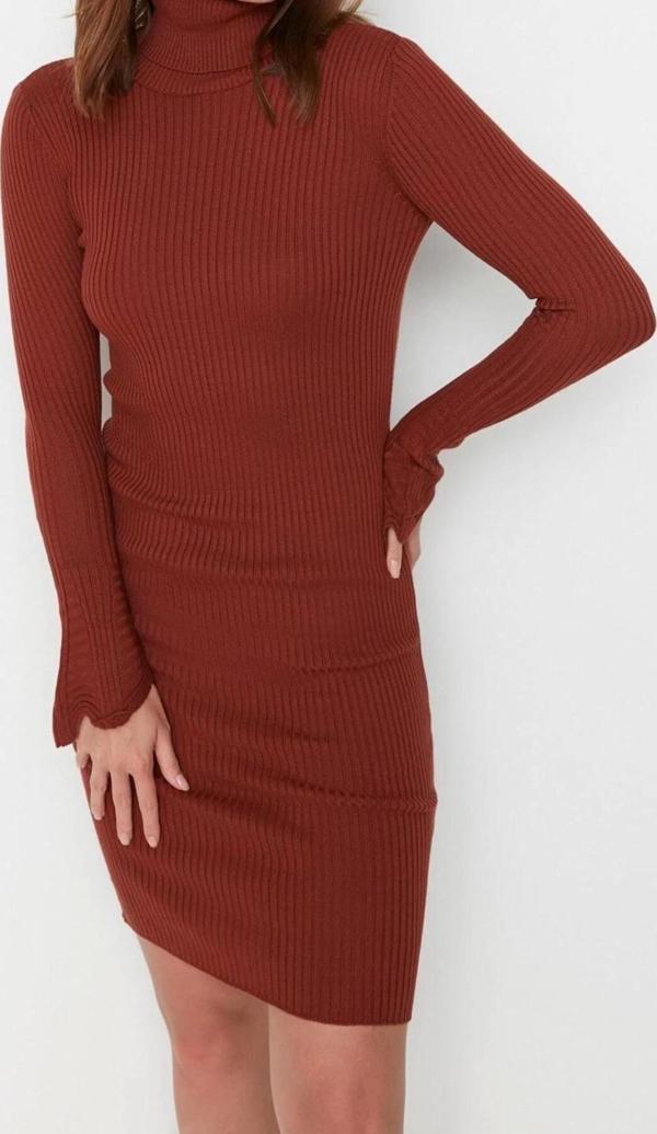 Moda Slim Casual Günlük Fitilli Triko Balıkçı Yaka Uzun Kol Bodycone Mini Boy Elbise - Image 1