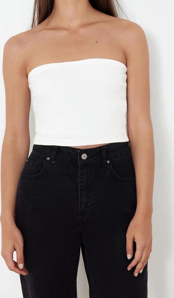 Moda Straplez Örme Regular Düz Desen Casual Günlük Regular Kolsuz Bluz - Image 1