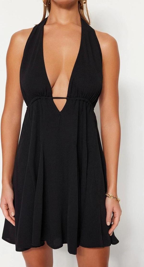 Moda Regular Plaj Günlük Shally Dokuma V Yaka Askılı Kol Smock Mini Boy Elbise - Image 1