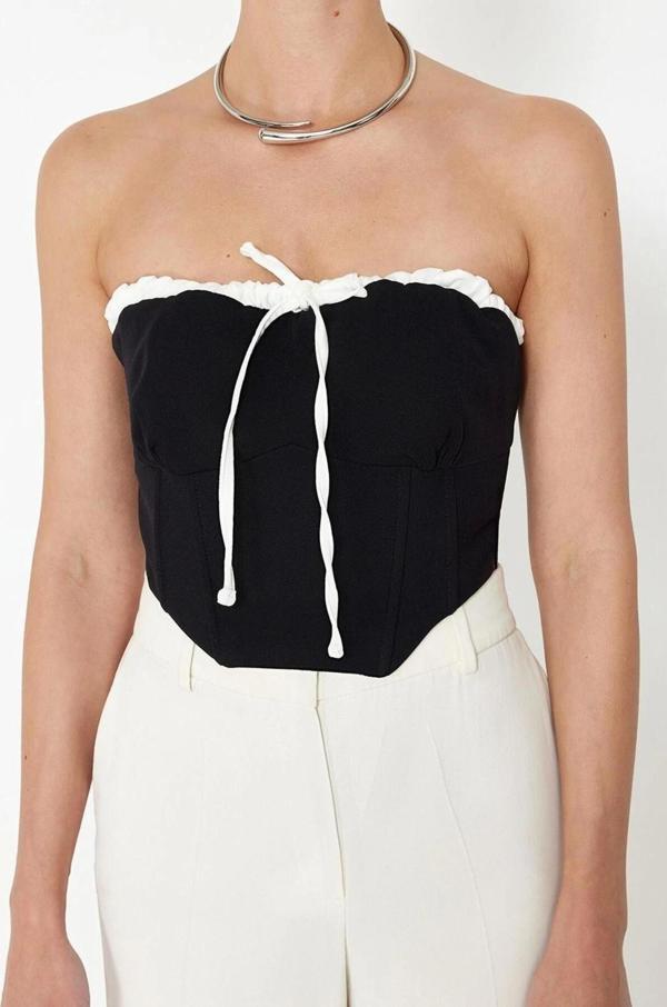 Moda Straplez Dokuma Regular Düz Desen Casual Günlük Crop Kolsuz Bluz - Image 1