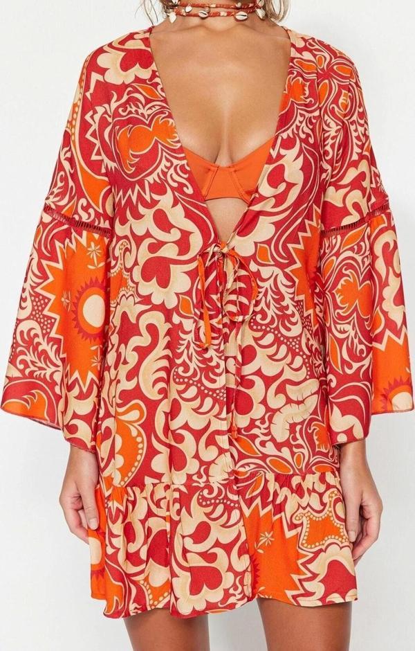 Moda Dokuma Regular Kalıp Crop V Yaka Standart Kol Shally Basic Etnik Desen Kimono Kaftan - Image 1