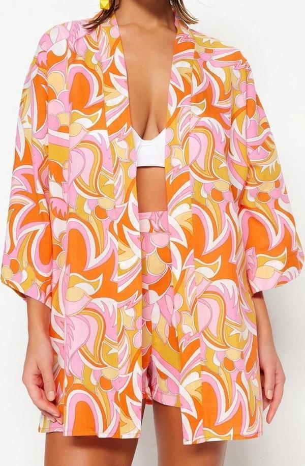 Moda Dokuma Regular Kalıp Crop V Yaka Standart Kol Vual Basic Soyut Desen Kimono Kaftan - Image 1