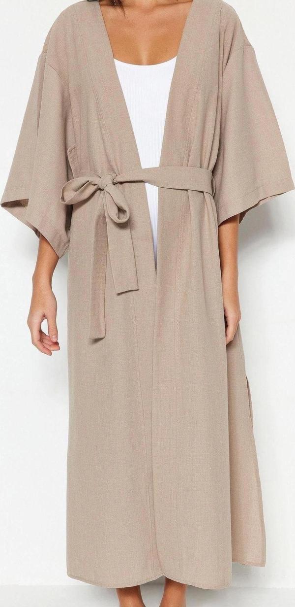 Moda Dokuma Regular Kalıp Midi V Yaka İspanyol Kol Keten görünümlü Basic Düz Desen Kimono Kaftan - Image 1