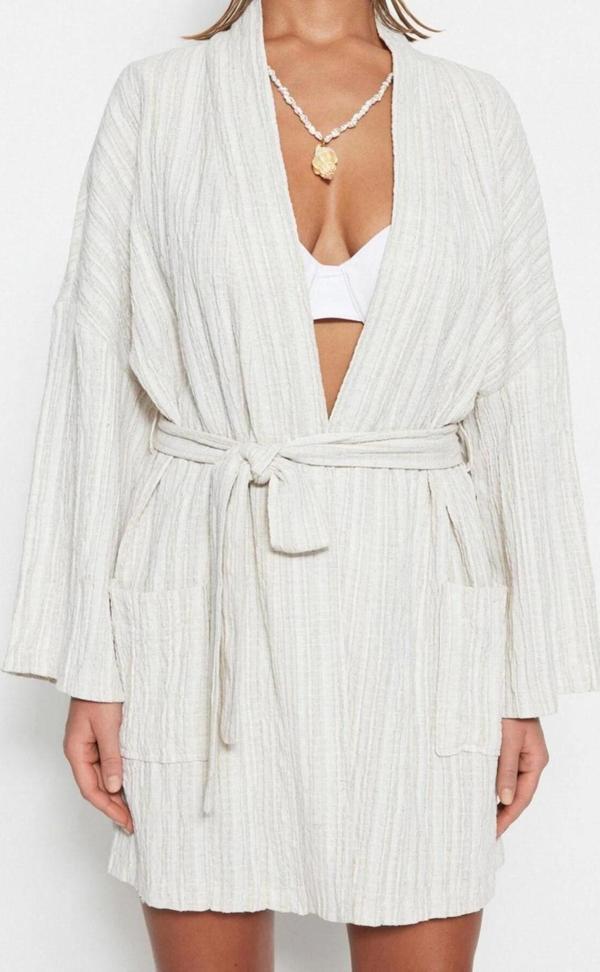 Moda Dokuma Regular Kalıp Mini Şal Yaka Standart Kol Keten karışımlı Basic Düz Desen Kimono Kaftan - Image 1