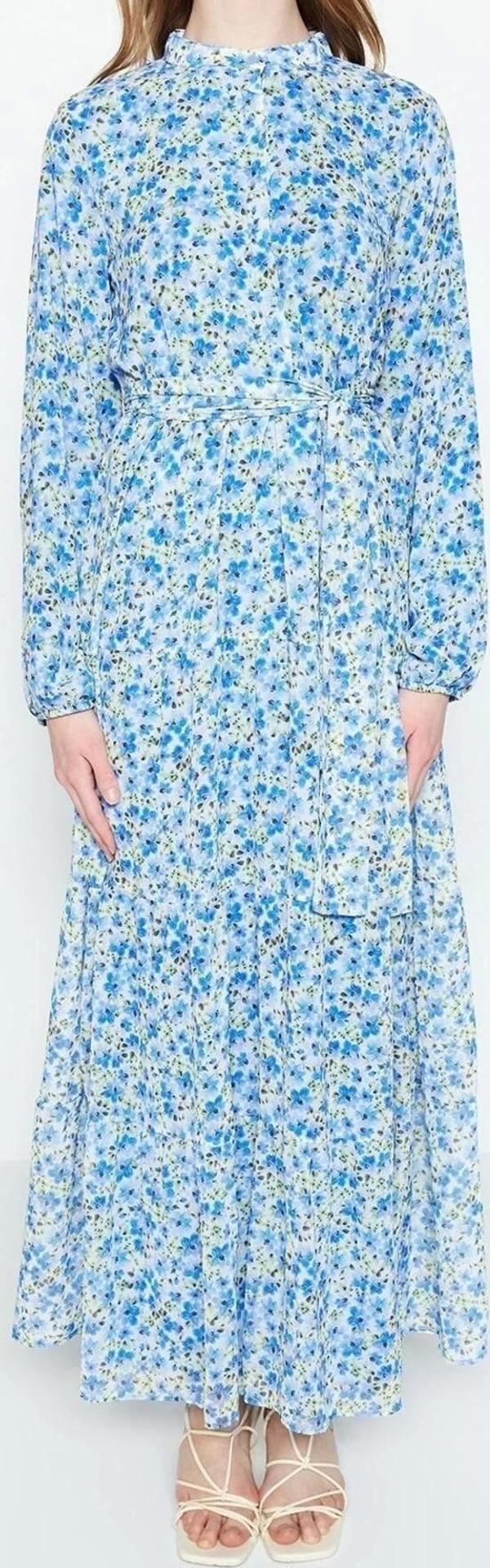 Moda Rahat Casual Günlük Şifon Dokuma Dik Yaka Uzun Kol Basic Maxi Boy Tesettür Elbise - Image 1