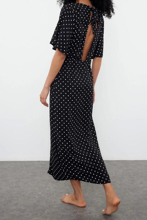 Moda Dokuma Regular Kalıp Uzun V Yaka Standart Kol Shally Basic Puantiyeli Desen Kimono Kaftan - Image 1