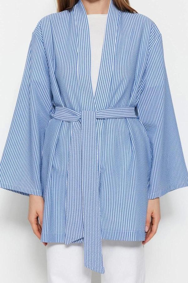Moda Dokuma Rahat Kalıp Midi V Yaka Düşük Kol Gofre Kruvaze Çizgili Tesettür Giyim Kimono Kaftan - Image 1