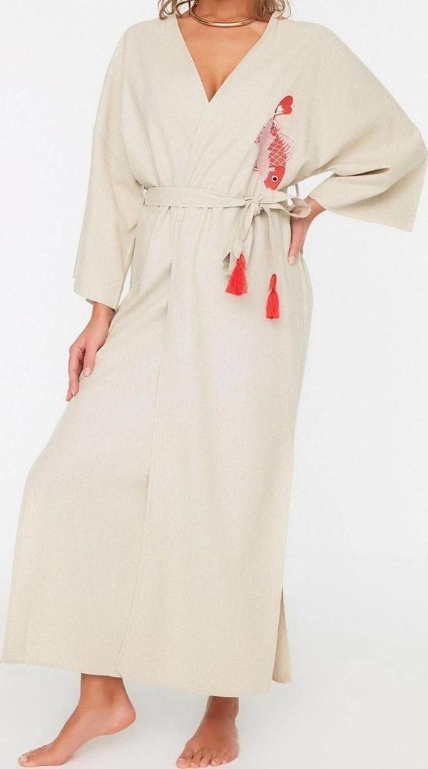 Moda Dokuma Regular Kalıp Uzun V Yaka Standart Kol Keten karışımlı Kruvaze Etnik Desen Kimono Kaftan - Image 1