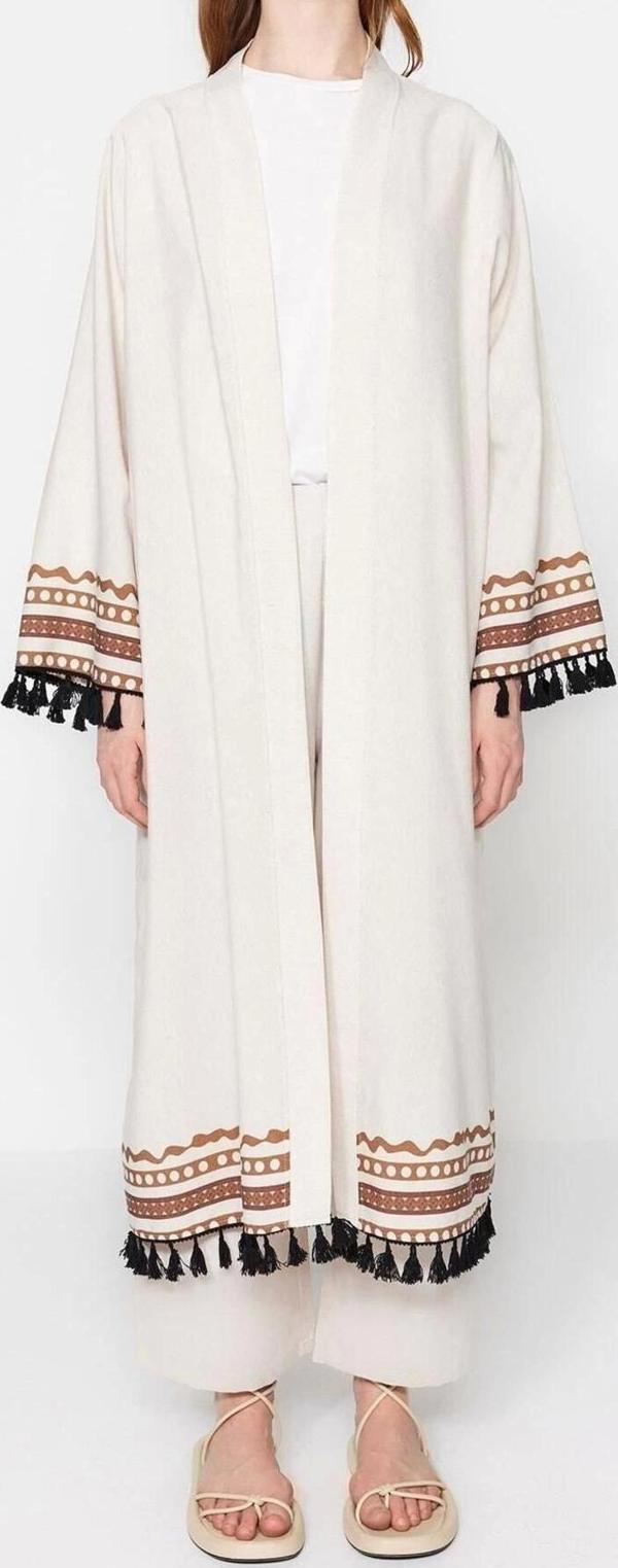 Moda Dokuma Rahat Kalıp Uzun Kruvaze Düşük Kol Keten görünümlü Kruvaze Tesettür Giyim Kimono Kaftan - Image 1