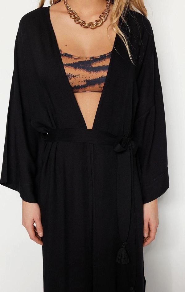 Moda Dokuma Regular Kalıp Uzun V Yaka Standart Kol Shally Panço Şal Desen Kimono Kaftan - Image 1