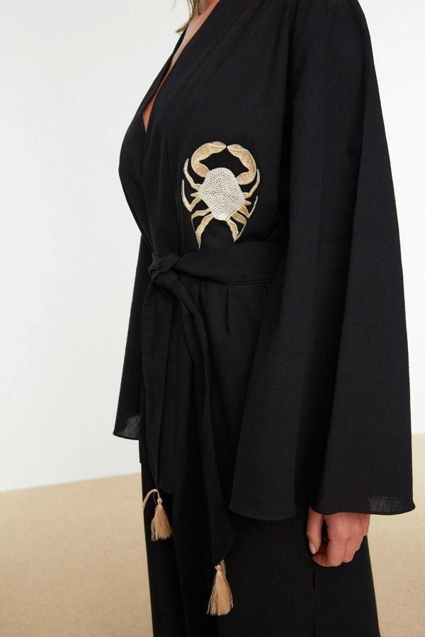 Moda Dokuma Rahat Kalıp Uzun V Yaka Standart Kol Flamlı Pamuk Basic Düz Desen Kimono Kaftan - Image 1