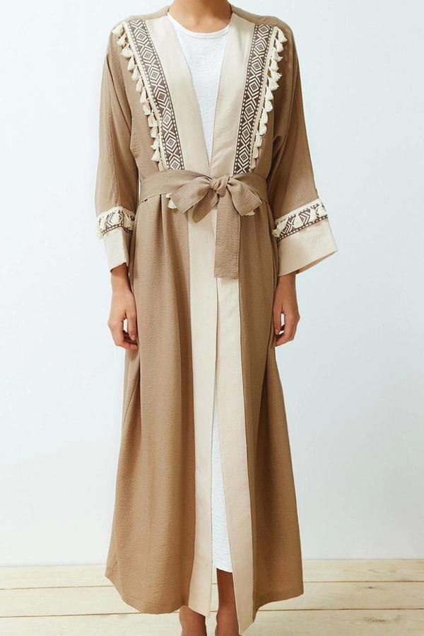 Moda Dokuma Rahat Kalıp Uzun V Yaka Düşük Kol Crinkle Basic Etnik Desen Tesettür Giyim Kimono Kaftan - Image 1