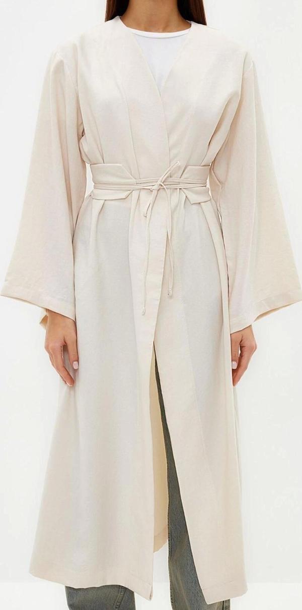 Moda Dokuma Rahat Kalıp Regular V Yaka Düşük Kol Keten Görünüm Kruvaze Tesettür Giyim Kimono Kaftan - Image 1