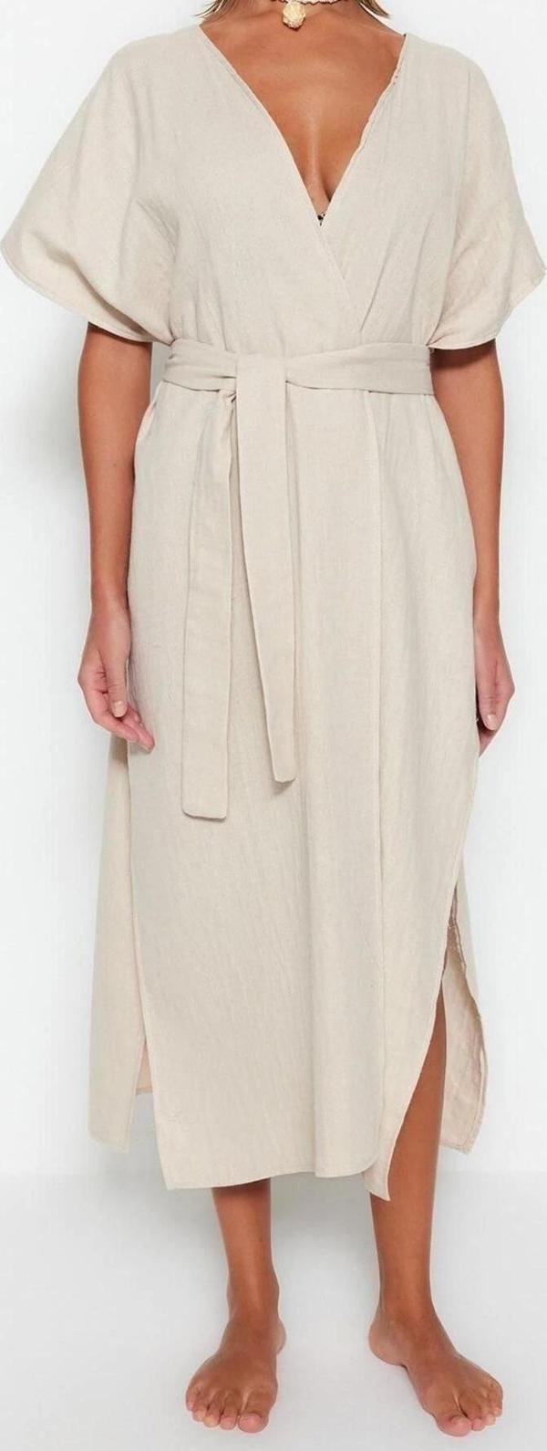 Moda Dokuma Oversize Kalıp Uzun V Yaka Standart Kol Müslin Kruvaze Düz Desen Kimono Kaftan - Image 1
