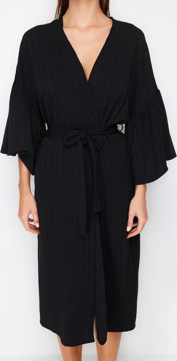 Moda Örme Regular Kalıp Uzun V Yaka Büzgülü/Fırfırlı Kol Müslin Basic Düz Desen Kimono Kaftan - Image 1