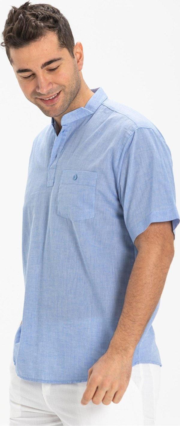 Büyük Beden Şile Bezi Kısa Kol Tek Cepli Hakim Yaka Erkek Yazlık Tshirt Mavi 3032 - Image 1