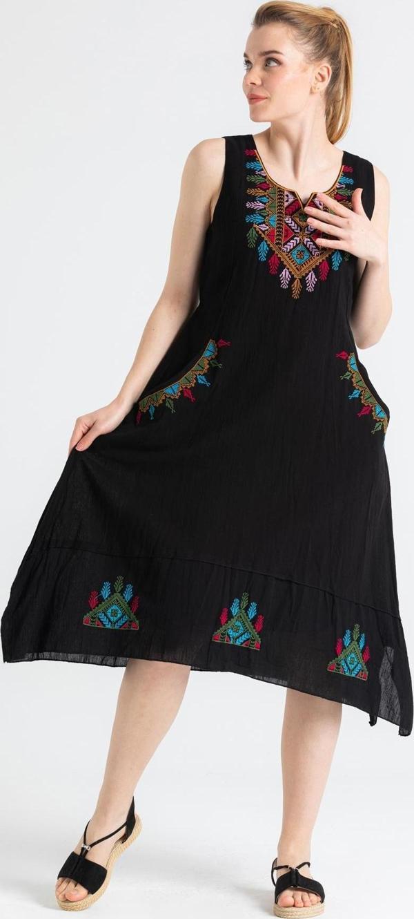 Kolsuz Şile Bezi Antik Nakışlı Midi Boy Yazlık Elbise Siyah Syh - Image 1