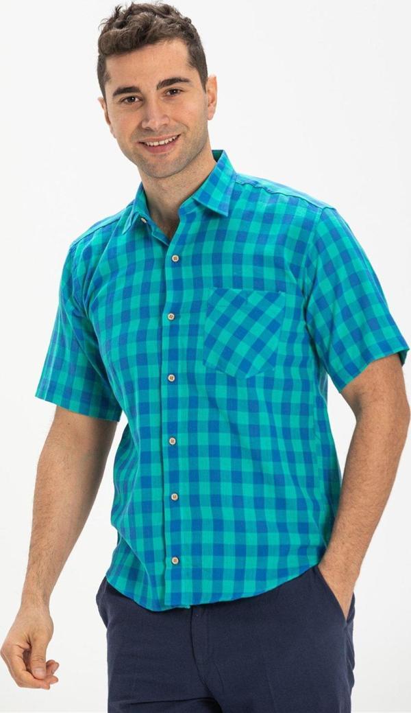 Büyük Beden Kısa Kol Şile Bezi Tek Cepli Erkek Yazlık Gömlek Mint Kareli 3033 - Image 1