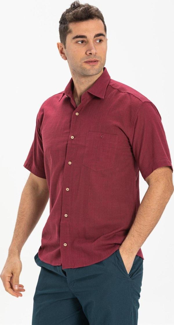 Büyük Beden Kısa Kol Şile Bezi Tek Cepli Erkek Yazlık Gömlek Koyu Bordo 3068 - Image 1