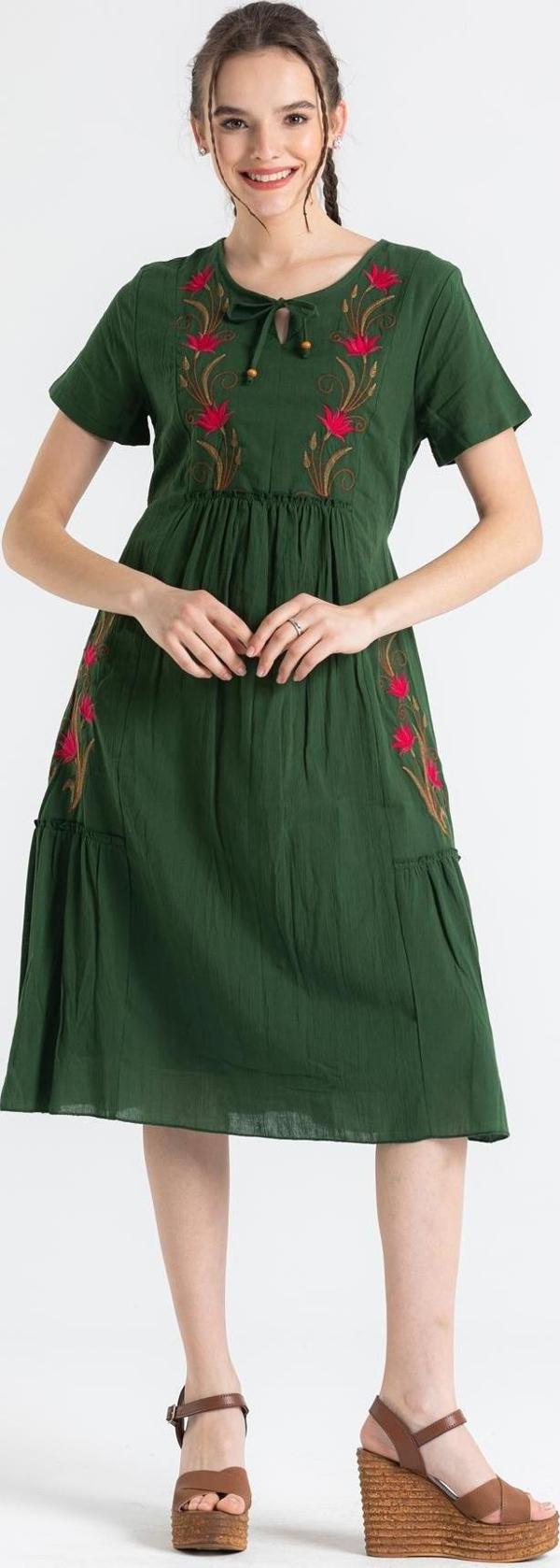 Kısa Kol Şile Bezi Lalezar Nakışlı Midi Boy Yazlık Elbise Yeşil Ysl - Image 1