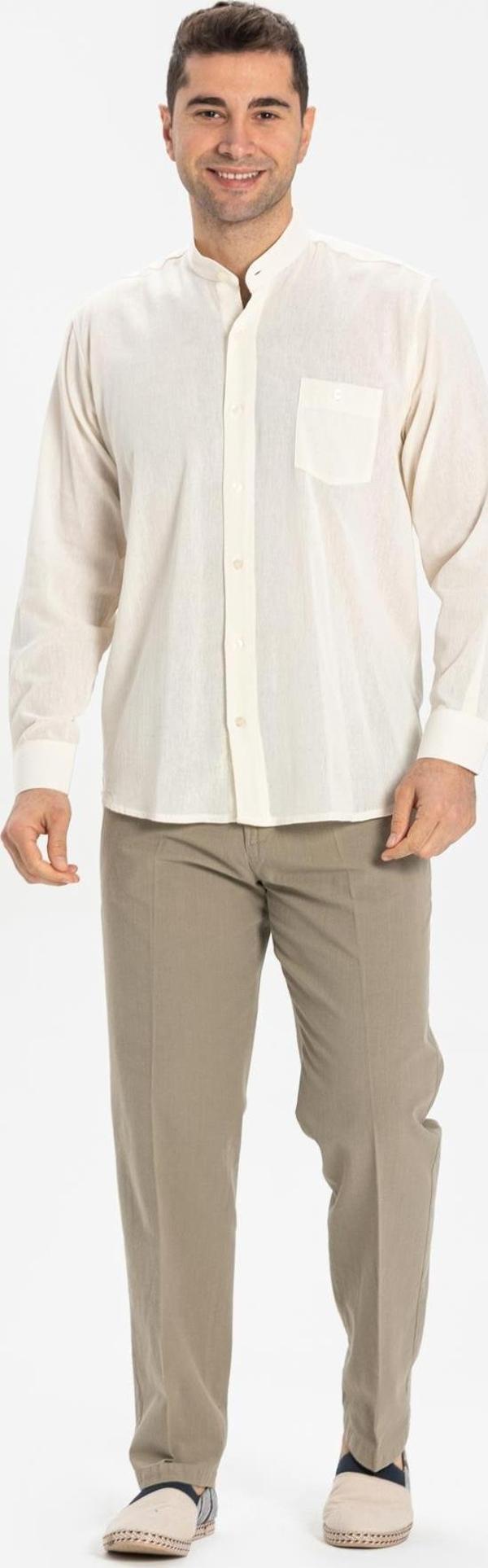 Büyük Beden Uzun Kol Şile Bezi Hakim Yaka Tek Cepli Erkek Yazlık Gömlek Krem 3002 - Image 1
