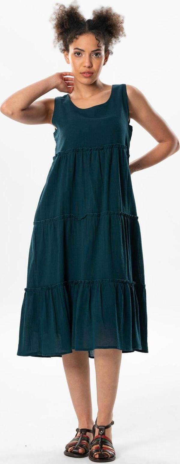 Kolsuz Şile Bezi Şule Midi Boy Fırfır Detaylı Yazlık Elbise Petrol Ptrl - Image 1