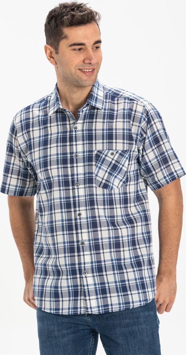 Büyük Beden Kısa Kol Şile Bezi Tek Cepli Erkek Yazlık Gömlek Lacivert Ekose 3058 - Image 1