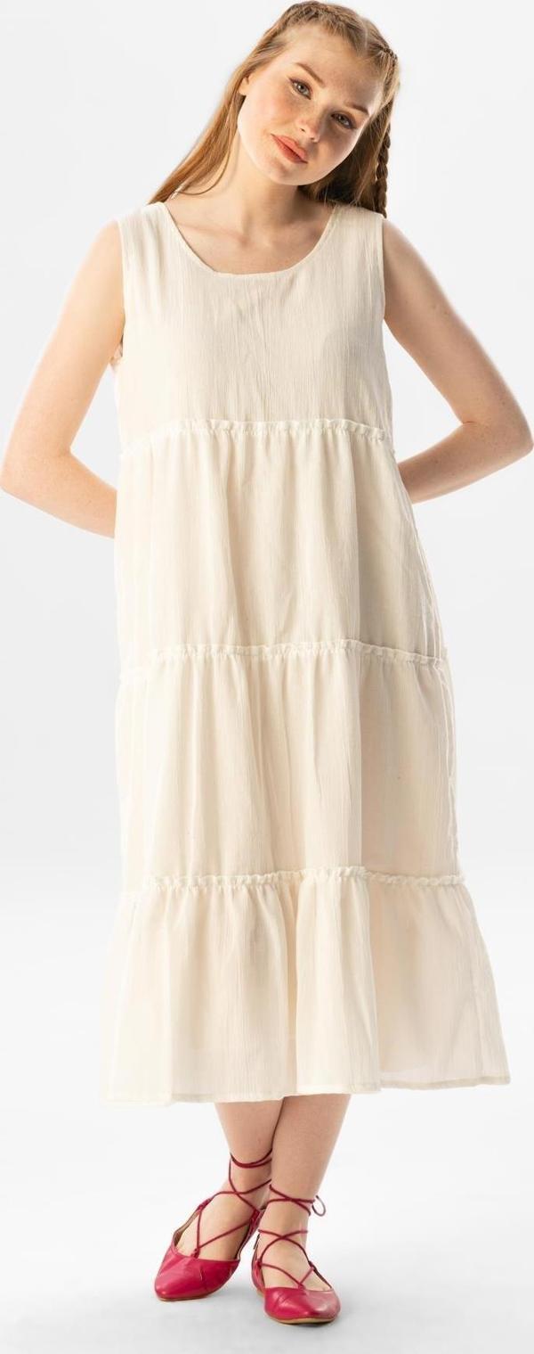 Kolsuz Şile Bezi Şule Midi Boy Fırfır Detaylı Yazlık Elbise Krem Krm - Image 1