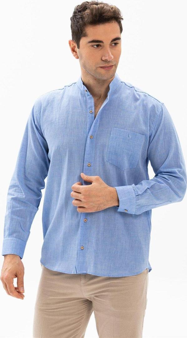 Büyük Beden Uzun Kol Şile Bezi Hakim Yaka Tek Cepli Erkek Yazlık Gömlek Mavi 3032 - Image 1