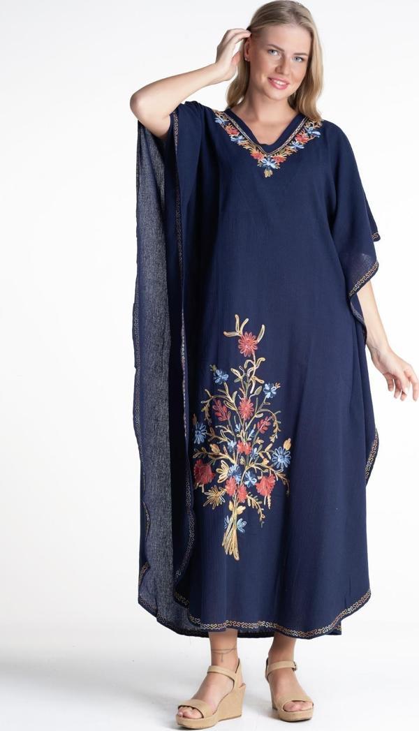 Kısa Kol Şile Bezi Tibet Uzun Yazlık Otantik Elbise Lacivert Lcvt - Image 1