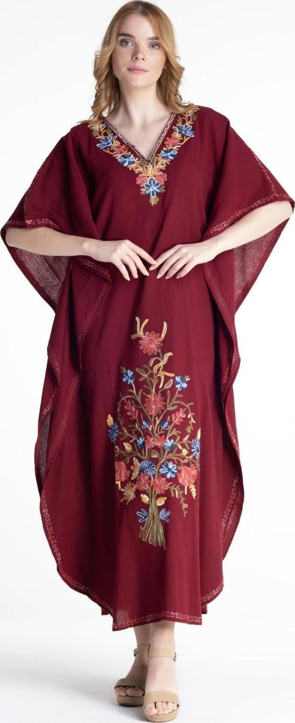 Kısa Kol Şile Bezi Tibet Uzun Yazlık Otantik Elbise Bordo Brd - Image 1