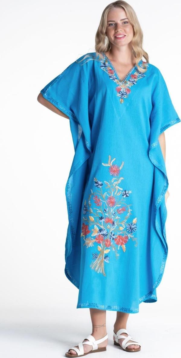 Kısa Kol Şile Bezi Tibet Uzun Yazlık Otantik Elbise Turkuaz Trkz - Image 1
