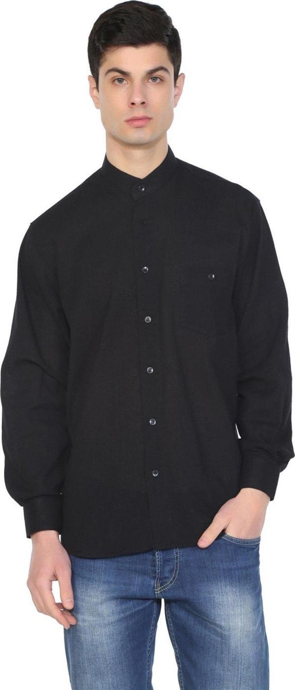 Büyük Beden Uzun Kol Şile Bezi Hakim Yaka Tek Cepli Erkek Yazlık Gömlek Siyah 3003 - Image 1