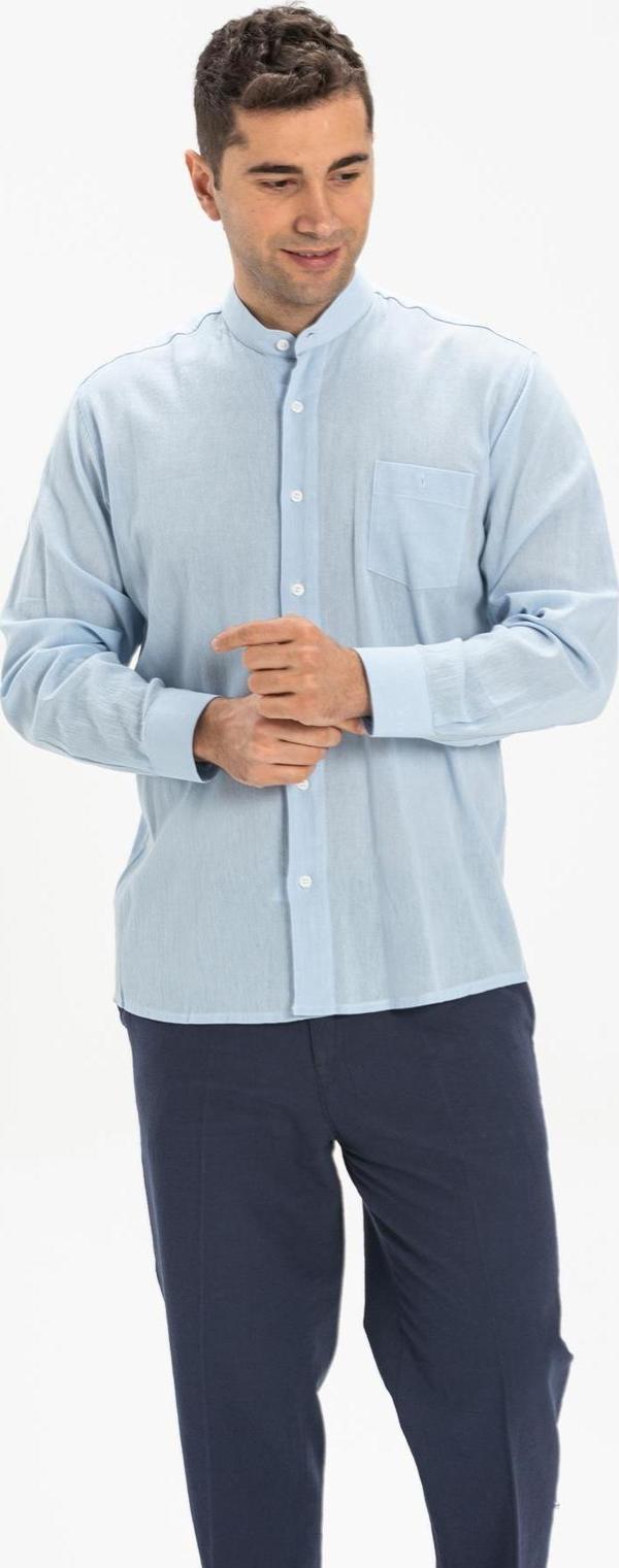 Büyük Beden Uzun Kol Şile Bezi Hakim Yaka Tek Cepli Erkek Yazlık Gömlek Buz Mavi 3027 - Image 1