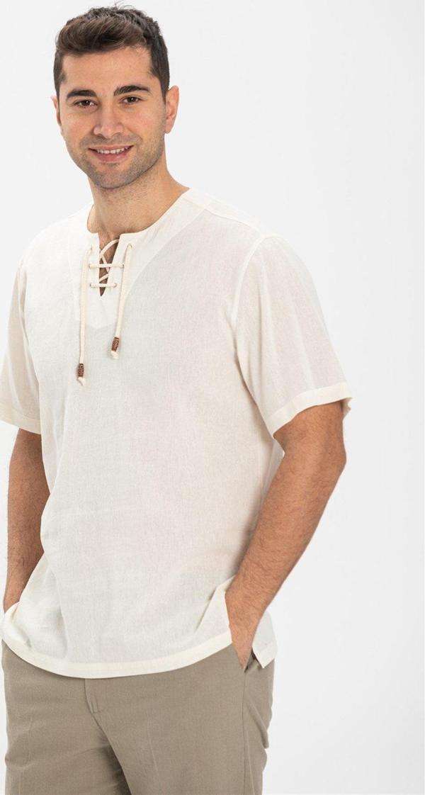 Büyük Beden Kısa Kol Şile Bezi Zımbalı Erkek Yazlık Tshirt Krem 3002 - Image 1