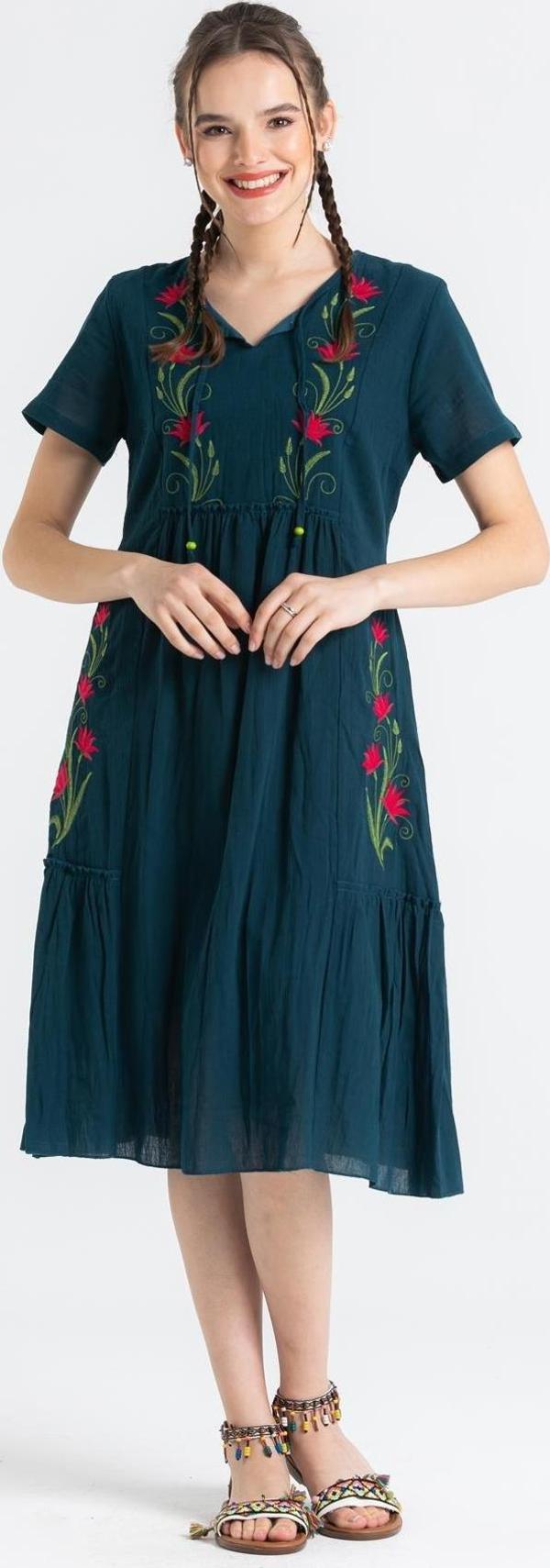 Kısa Kol Şile Bezi Lalezar Nakışlı Midi Boy Yazlık Elbise Petrol Ptrl - Image 1