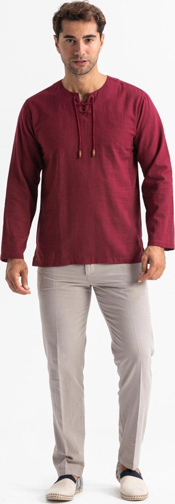 Büyük Beden Şile Bezi Uzun Kol Zımbalı Erkek Yazlık Tshirt Koyu Bordo 3068 - Image 1