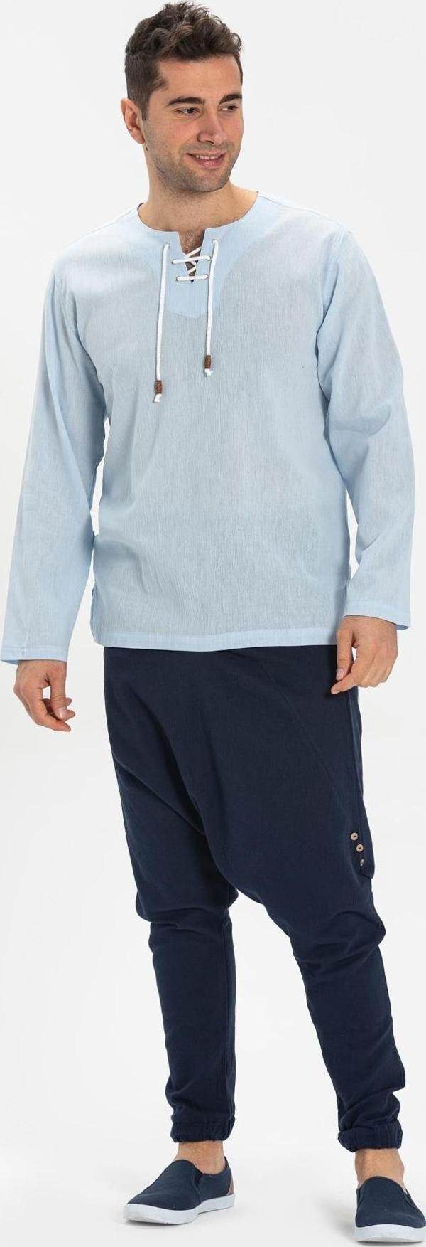 Büyük Beden Şile Bezi Uzun Kol Zımbalı Erkek Yazlık Tshirt Buz Mavi 3027 - Image 1