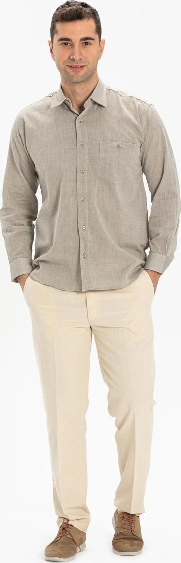 Büyük Beden Şile Bezi Tek Cepli Uzun Kol Erkek Yazlık Gömlek Taş 3031 - Image 1