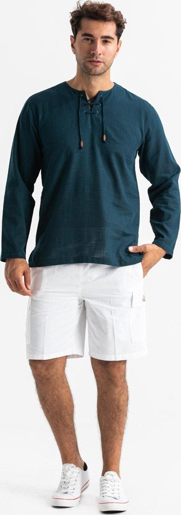 Büyük Beden Şile Bezi Uzun Kol Zımbalı Erkek Yazlık Tshirt Koyu Petrol 3069 - Image 1