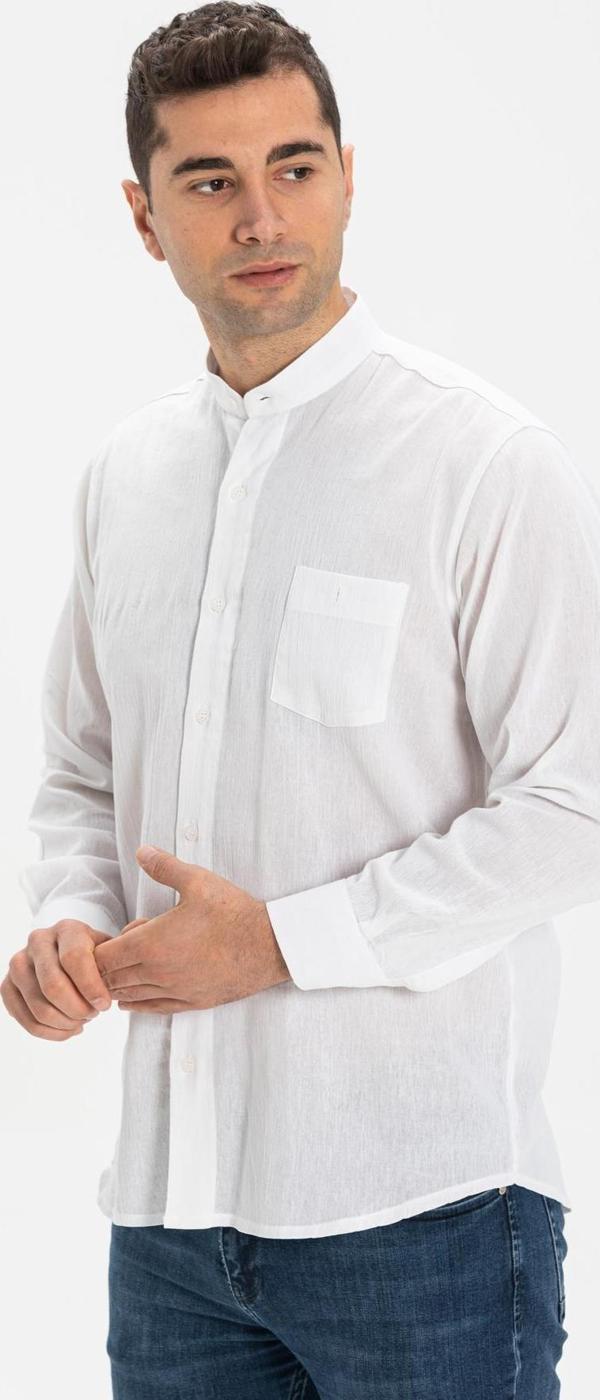 Büyük Beden Uzun Kol Şile Bezi Hakim Yaka Tek Cepli Erkek Yazlık Gömlek Beyaz 3001 - Image 1