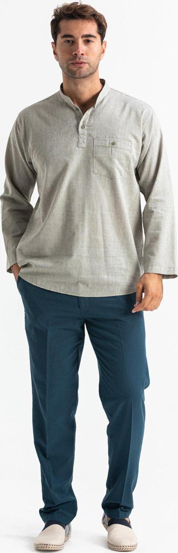 Büyük Beden Şile Bezi Uzun Kol Tek Cepli Hakim Yaka Erkek Yazlık Tshirt Taş 3031 - Image 1