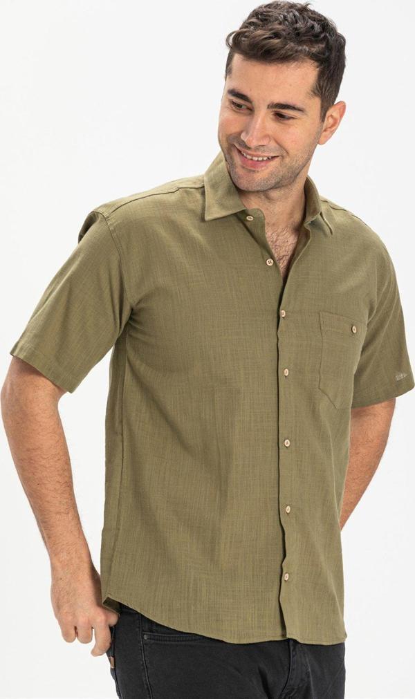 Büyük Beden Kısa Kol Şile Bezi Tek Cepli Erkek Yazlık Gömlek Haki 3049 - Image 1