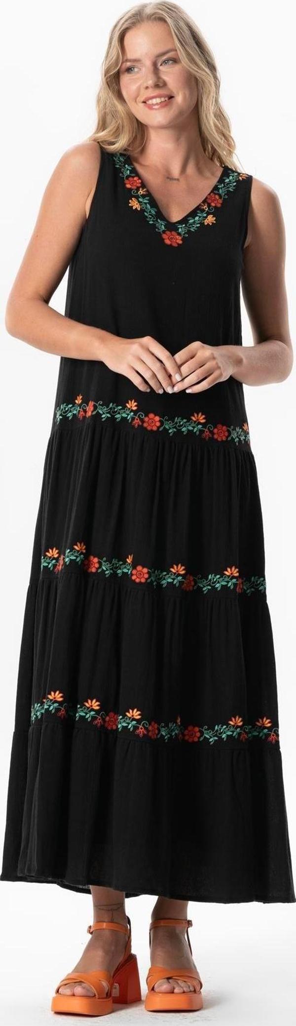 Kolsuz Şile Bezi Bahar V Yaka Nakışlı Uzun Yazlık Elbise Siyah Syh - Image 1