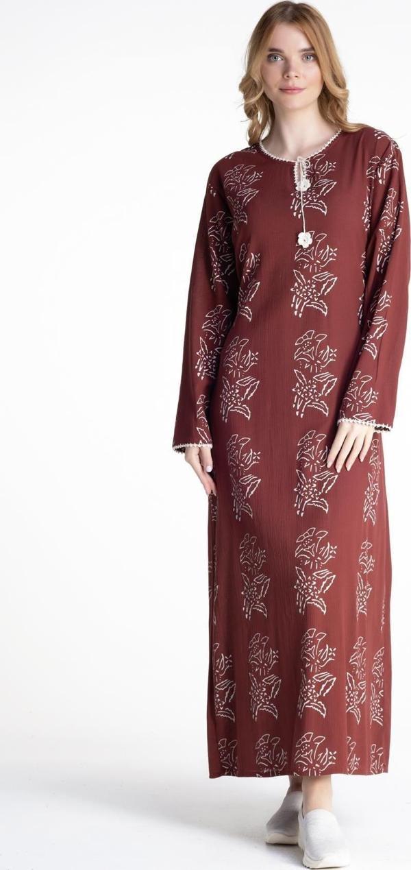 Uzun Kol Şile Bezi Baskılı Uzun Zambak Desen Yazlık Elbise Bordo Brd - Image 1