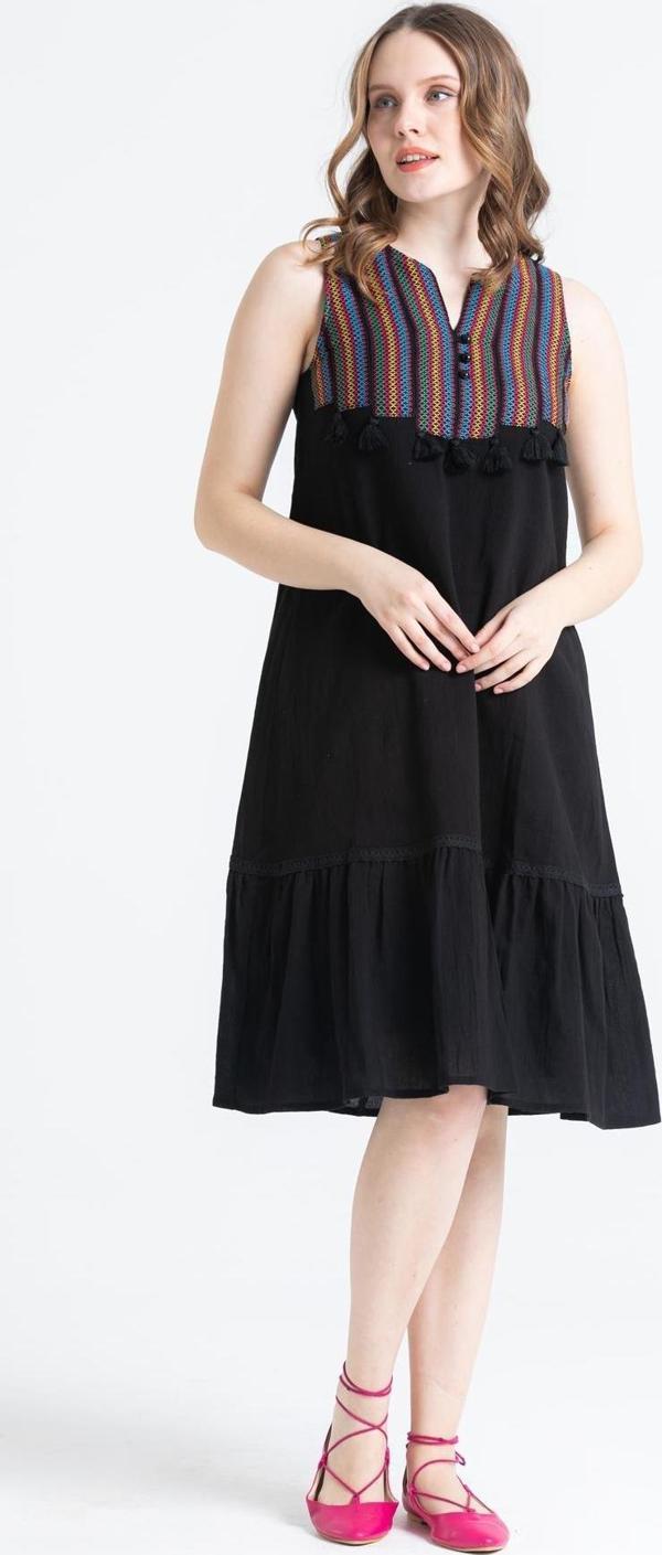 Kolsuz Şile Bezi Ilgaz Midi Boy Yazlık Elbise Siyah Syh - Image 1